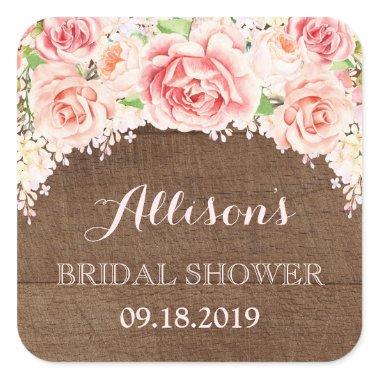 Brown Wood Pink Watercolor Flowers Bridal Shower Square Sticker