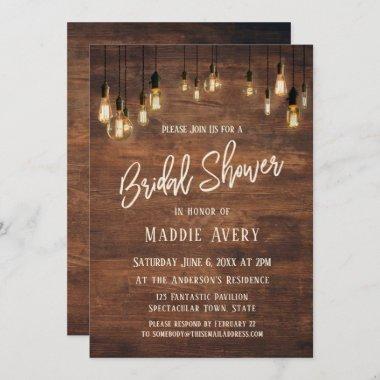 Brown Wooden Wall w/ Edison Lights Bridal Shower Invitations