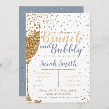 Brunch and Bubbly gold glitter_dusty blue Invitations