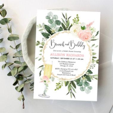 Brunch and Bubbly pink gold greenery bridal shower Invitations