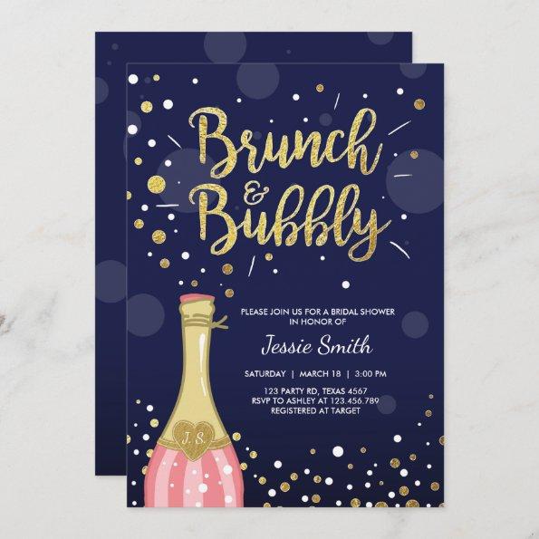 Brunch & Bubbly Bridal shower Invitations Navy Gold