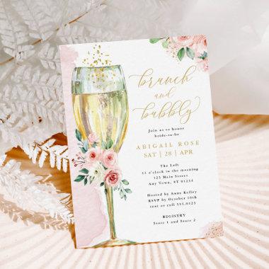 Brunch & Bubbly Pink Gold Floral Bridal Shower Invitations