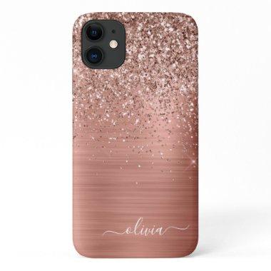 Brushed Metal Rose Gold Pink Glitter Monogram iPhone 11 Case