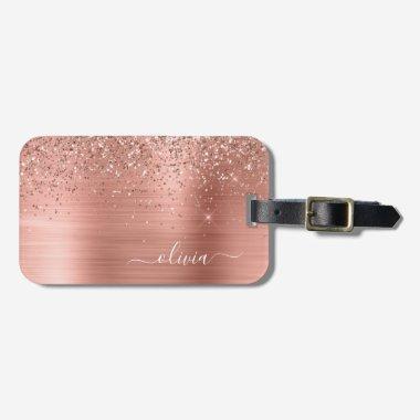 Brushed Metal Rose Gold Pink Glitter Monogram Luggage Tag