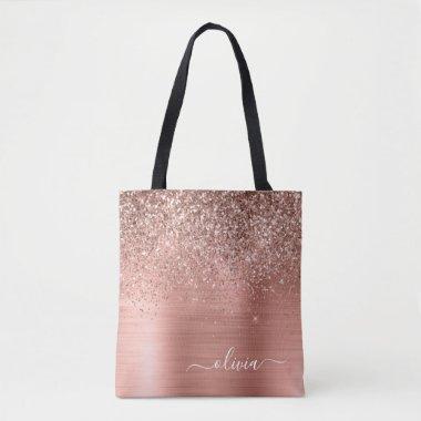 Brushed Metal Rose Gold Pink Glitter Monogram Tote Bag