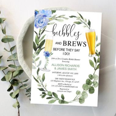 Bubbles Brews blue greenery couples bridal shower Invitations