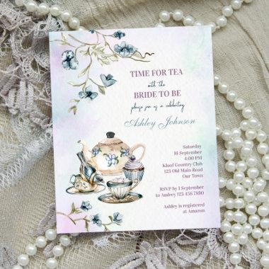 Budget blue floral tea party bridal shower invitat