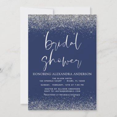 Budget Bridal Shower Glitter Silver Navy Blue Fly Invitations