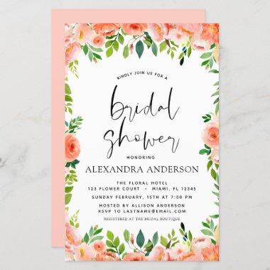 Budget Coral Peach Bridal Shower Floral Invitations