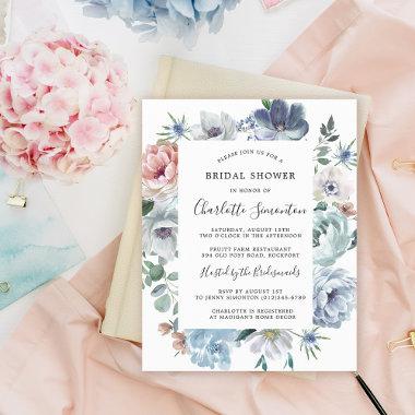Budget Dusty Blue Pink Floral Bridal Shower Invite