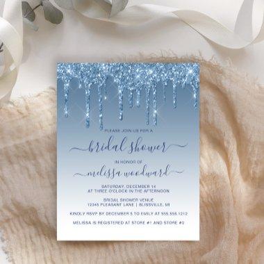 Budget Glitter Drip Blue Bridal Shower Invitations