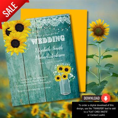 BUDGET Rustic Sunflower Teal Yellow Wedding Invite