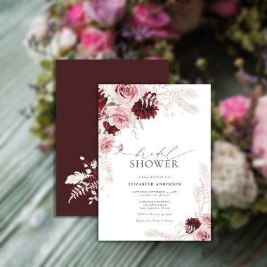 Burgundy Blush Pink Roses Floral Bridal Shower Invitations