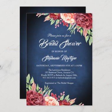Burgundy Blush Rose Floral Navy Bridal Shower Invitations