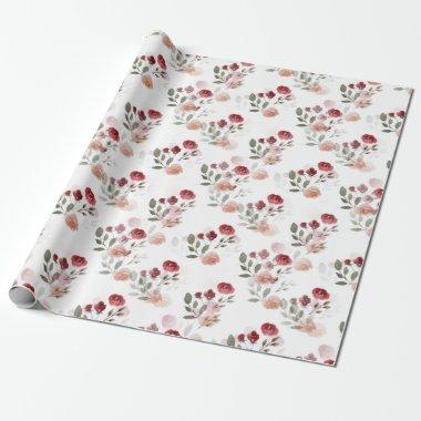 Burgundy Blush Vintage Watercolor Roses Pattern Wrapping Paper