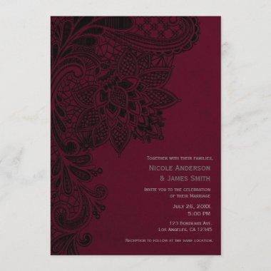 Burgundy Bordeaux Black Vintage Lace Wedding Invitations