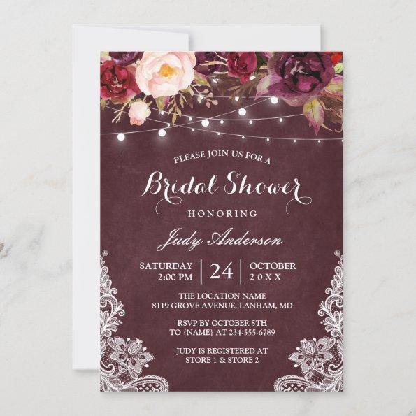 Burgundy Floral String Lights Lace Bridal Shower Invitations