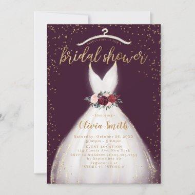 Burgundy Gold Elegant Wedding Dress Bridal Shower Invitations
