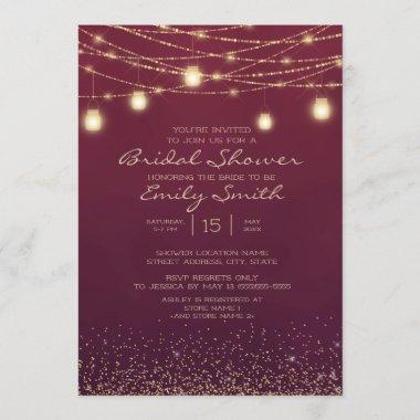 Burgundy Gold Glitter String Lights Bridal Shower Invitations