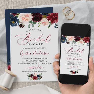 Burgundy Navy Blue Floral Script Bridal Shower Invitations