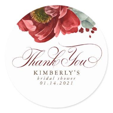 Burgundy Red Floral Bridal Shower Thank You Classic Round Sticker