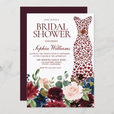 Burgundy Red Heart Dress Floral Bridal Shower Invitations