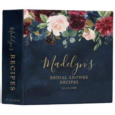 Burgundy Red Navy Blue Floral Bridal Shower Recipe 3 Ring Binder