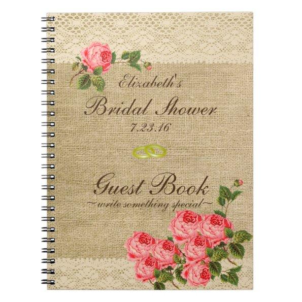 Burlap and Lace Print- Bridal Shower Guest Book- Notebook
