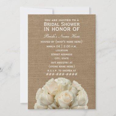 Burlap Inspired White Roses Bridal Shower Invite