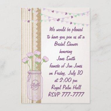 Burlap Lilac Purple Mason Jar Bridal Shower Invita Invitations