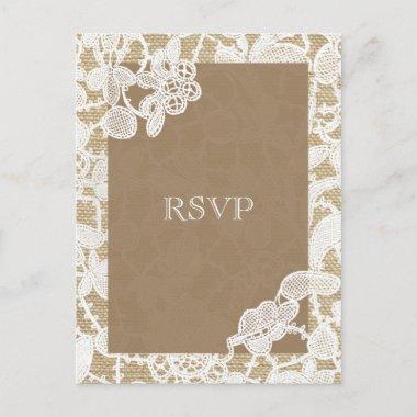 Burlap & White Floral Lace Rustic Wedding RSVP Invitation PostInvitations
