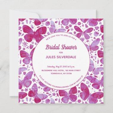 Butterflies Watercolor Magenta Pink Bridal Shower Invitations