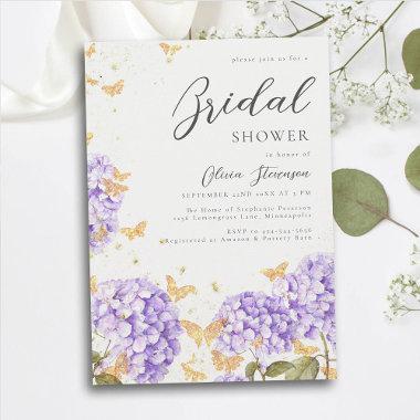 Butterfly Bridal Shower Gold Purple Hydrangea Invitations