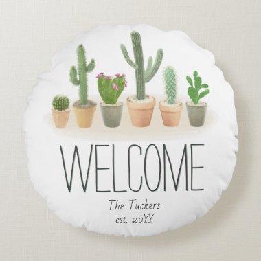 Cactus Potted Plants Welcome Watercolor Home Decor Round Pillow
