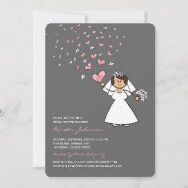 Cartoon Bride Pink Hearts Flowers Bridal Shower Invitations