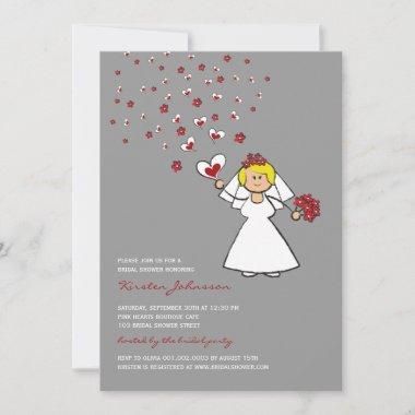 Cartoon Bride Red Hearts Flowers Bridal Shower Invitations