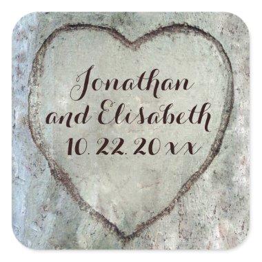 Carved Heart Birch Tree Wedding Favor Square Sticker