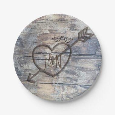 Carved Heart in Wood Love Birds Wedding Reception Paper Plates