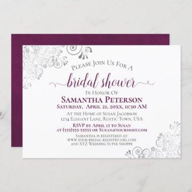 Cassis Purple & Silver Lace White Bridal Shower Invitations