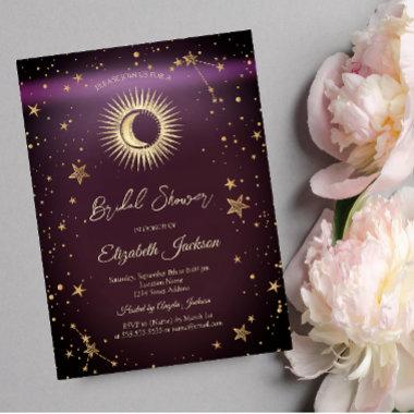 Celestial Sun,Moon,Stars Burgundy Bridal Shower Invitations