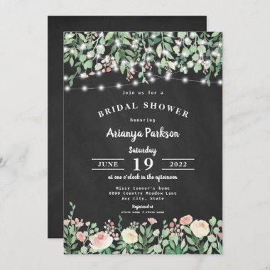 Chalkboard Blush Floral Lights Bridal Shower Invitations