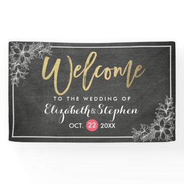 Chalkboard Floral Chic Gold Script Wedding Welcome Banner