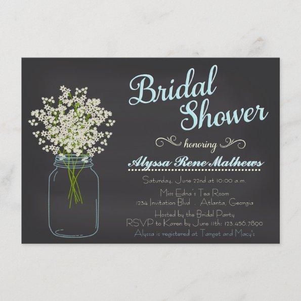 Chalkboard Mason Jar Baby's Breath Bridal Shower Invitations