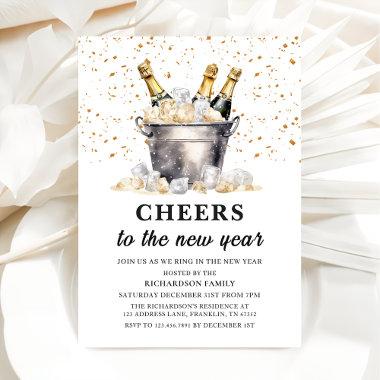 Champagne Budget Cheers to the New Year Party Invitations