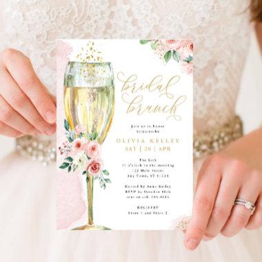 Champagne Glass Pink and Gold Floral Bridal Brunch Invitations