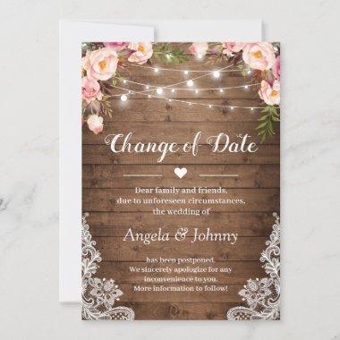 Change of Date Rustic Floral Lace String Lights Invitations