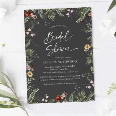 Charcoal Gray Wildflowers Greenery Bridal Shower Invitations