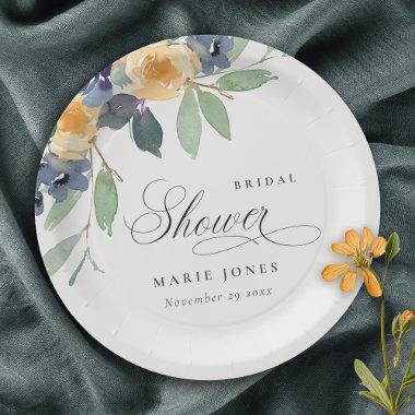 Cheerful Rustic Yellow Blue Floral Bridal Shower Paper Plates