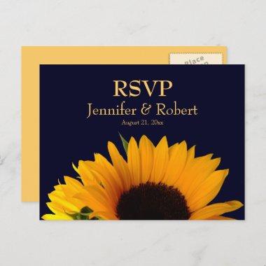 Cheerful Sunflower Navy Blue Wedding RSVP Invitation PostInvitations