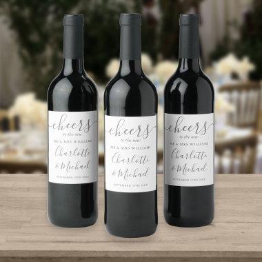 Cheers To Mr And Mrs Silver Gray Script Wedding Wine Label